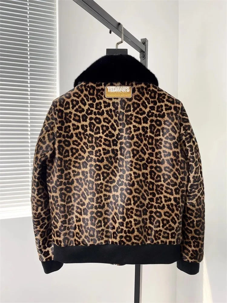 High Quality Mens Genuine Leather Jacket Mink Fur Collar Zipper Fashion Designer Embroidery Leopard Pattern Slim Fit Short Coat