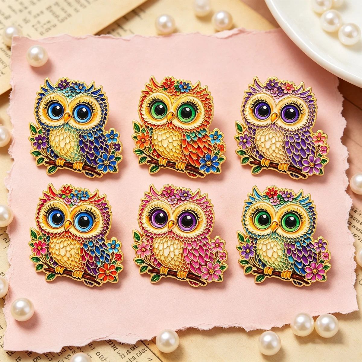 6pcs/set Colorful Floral Owl Enamel Pin Cute Owl Lapel Brooch Zinc Alloy Animal Badge for Backpack Hat Clothing Jewelry Gift