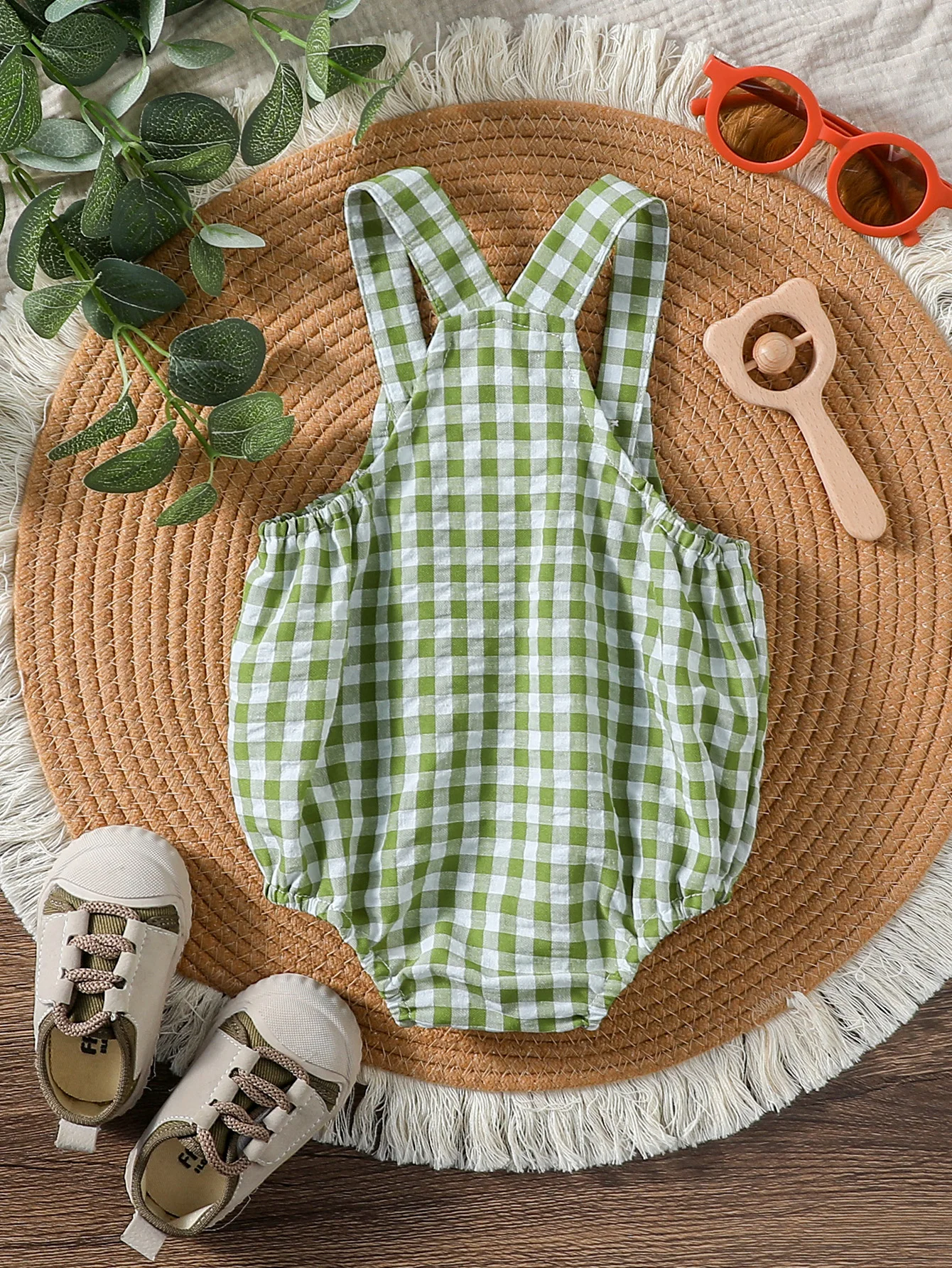 Baby Summer Girls Cute Sleeveless Green Plaid With Button Cotton Soft Jumpsuit Outdoor Clothing