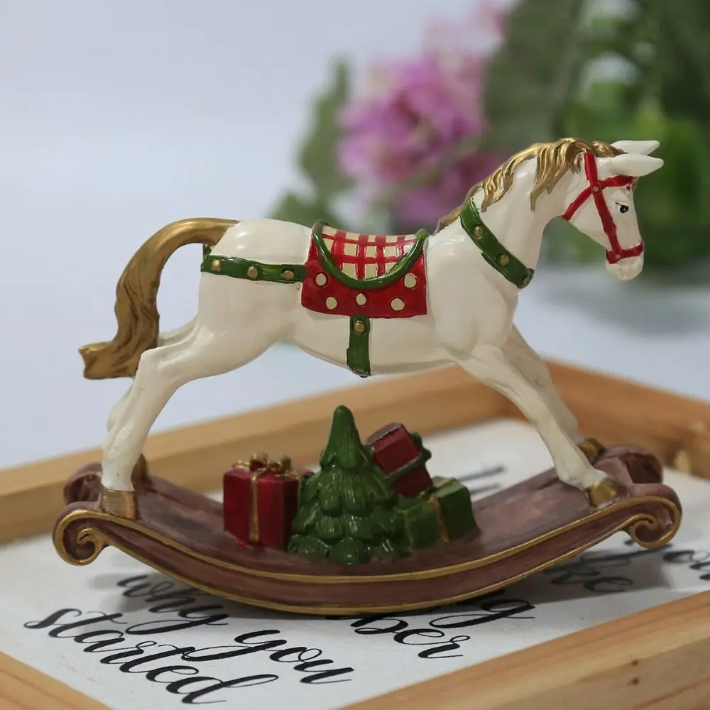 

Creative Handmade Christmas Rocking Horse Painting Cartoon Resin Horse Statue Cute Horse Figurine Party Supplies