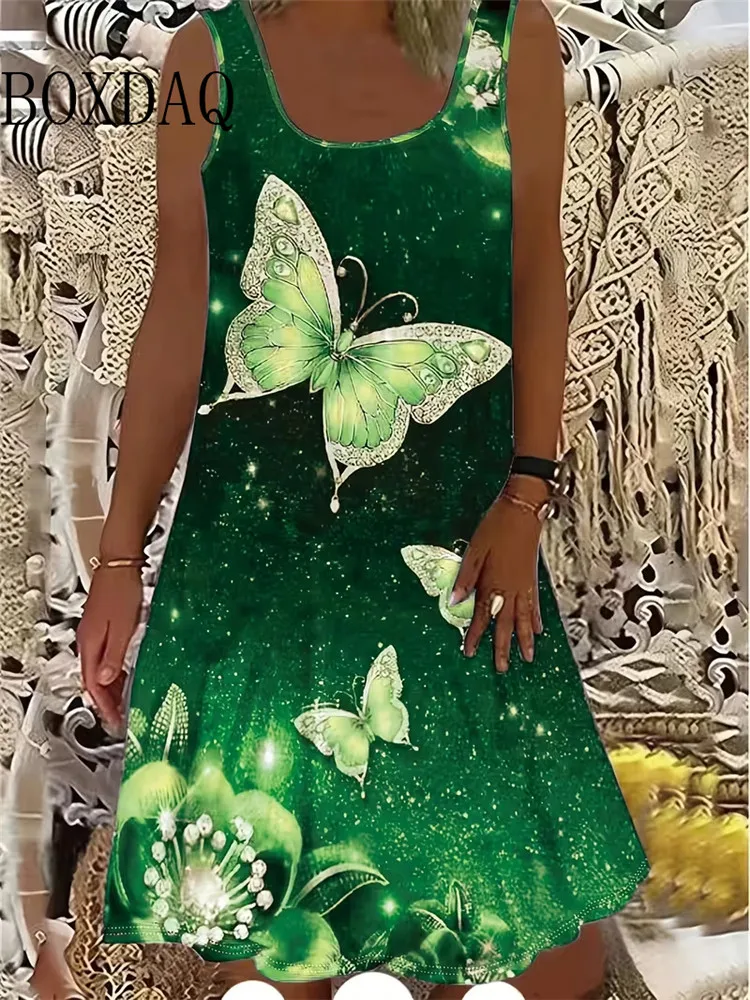 Ladies' new butterfly gradient print round neck sleeveless fashionable and elegant summer party dress
