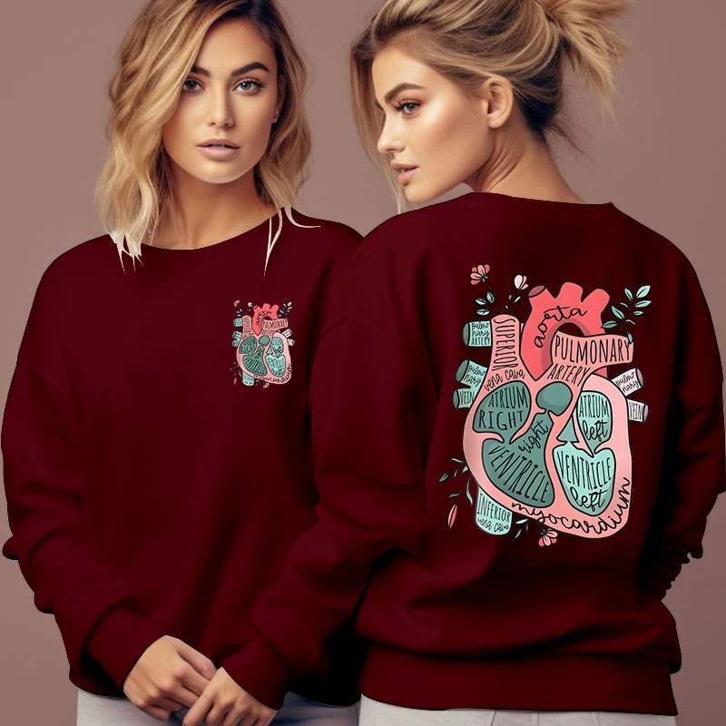 Anatomical Heart Flower Print Women Hoodies Autumn Fleece Long Sleeve Tracksuit Medical Technically Pullover Vintage Sweatshirts