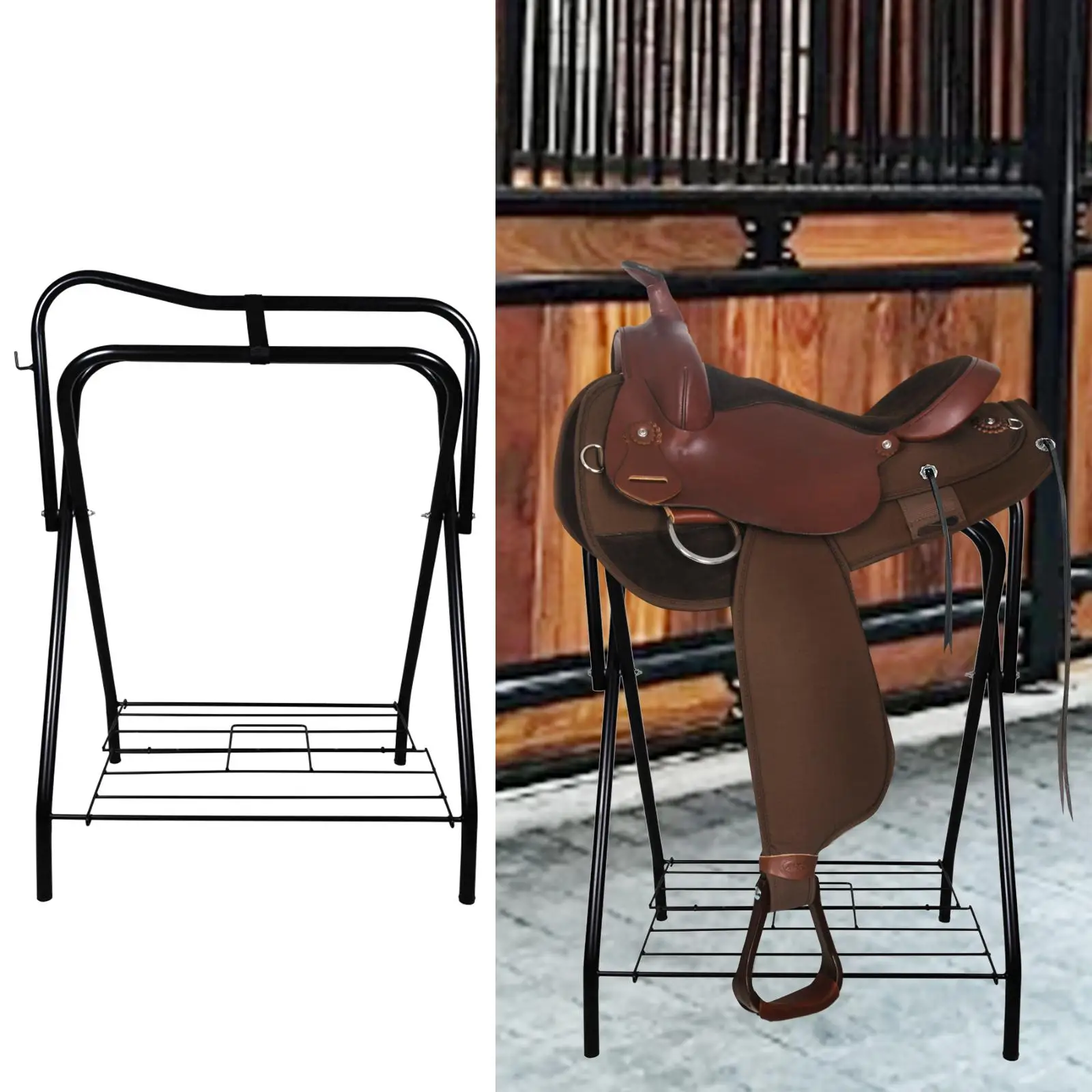 

Saddle Rack Folding Horse Saddle Stand Iron Foldable for Western/English Saddles Standing Saddle Holder for Horse Tack Room Barn