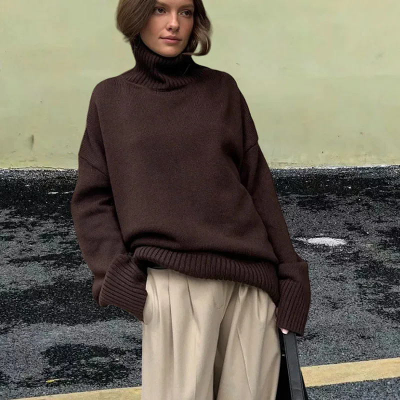 الخريف المرأة محبوك سترة كبيرة الحجم عالية الياقة الأصفر خمر البلوز لينة شتاء دافئ Vintage البلوزات الحمراء للنساء