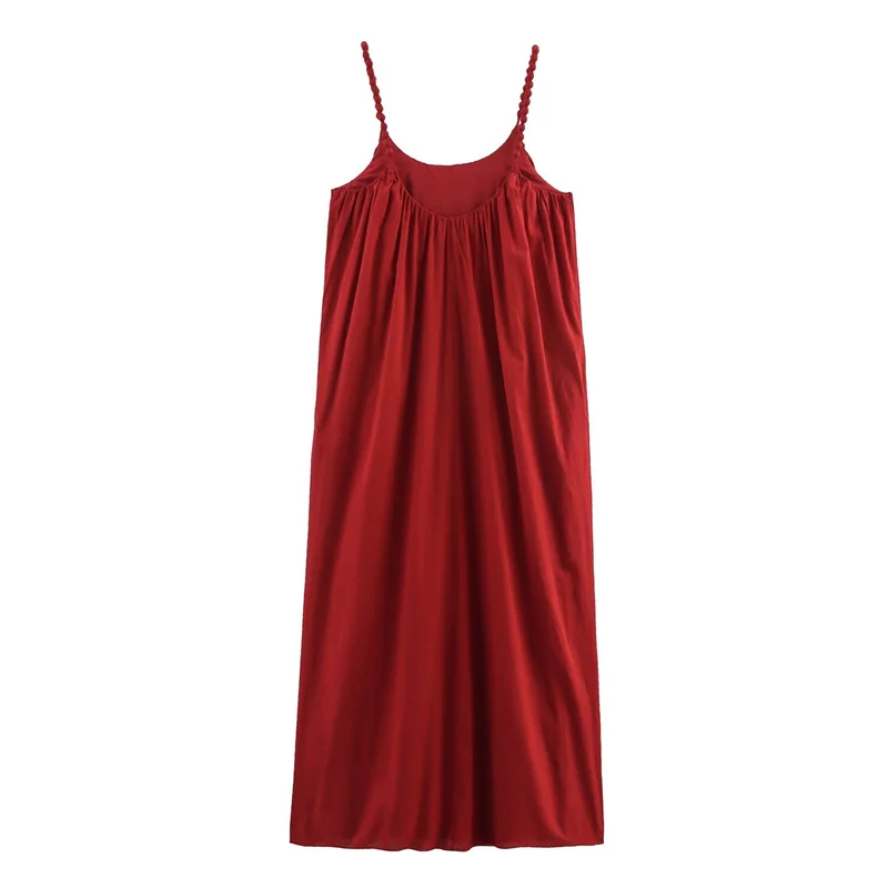 Women's Dresses New Summer 2025 Red Suspender Midi Dress Beaded Decoration Design Sexy Fashion Casual Personality