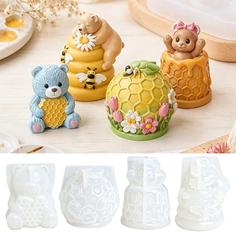 Cute Honeycomb Bear Candle Making Silicone Mold 3D Desktop Ornament Scented Plaster Resin Molds Handcraft Keychain Casting Tools