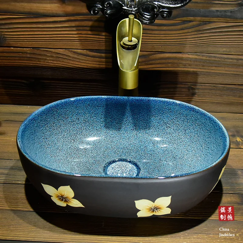 

Oval Bathroom Cloakroom Europe Style Ceramic Art Basin Counter Top Wash Basin Bathroom Vessel Sinks ceramic hand wash sink