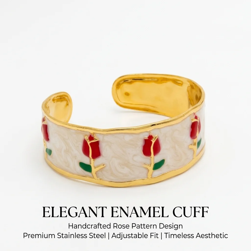 Goldfarbenes Verstellbares Emaille-Armband mit Rosenmotiv, Edelstahl Bohemian-Style Armreif für Damen, Modeschmuck Geschenk