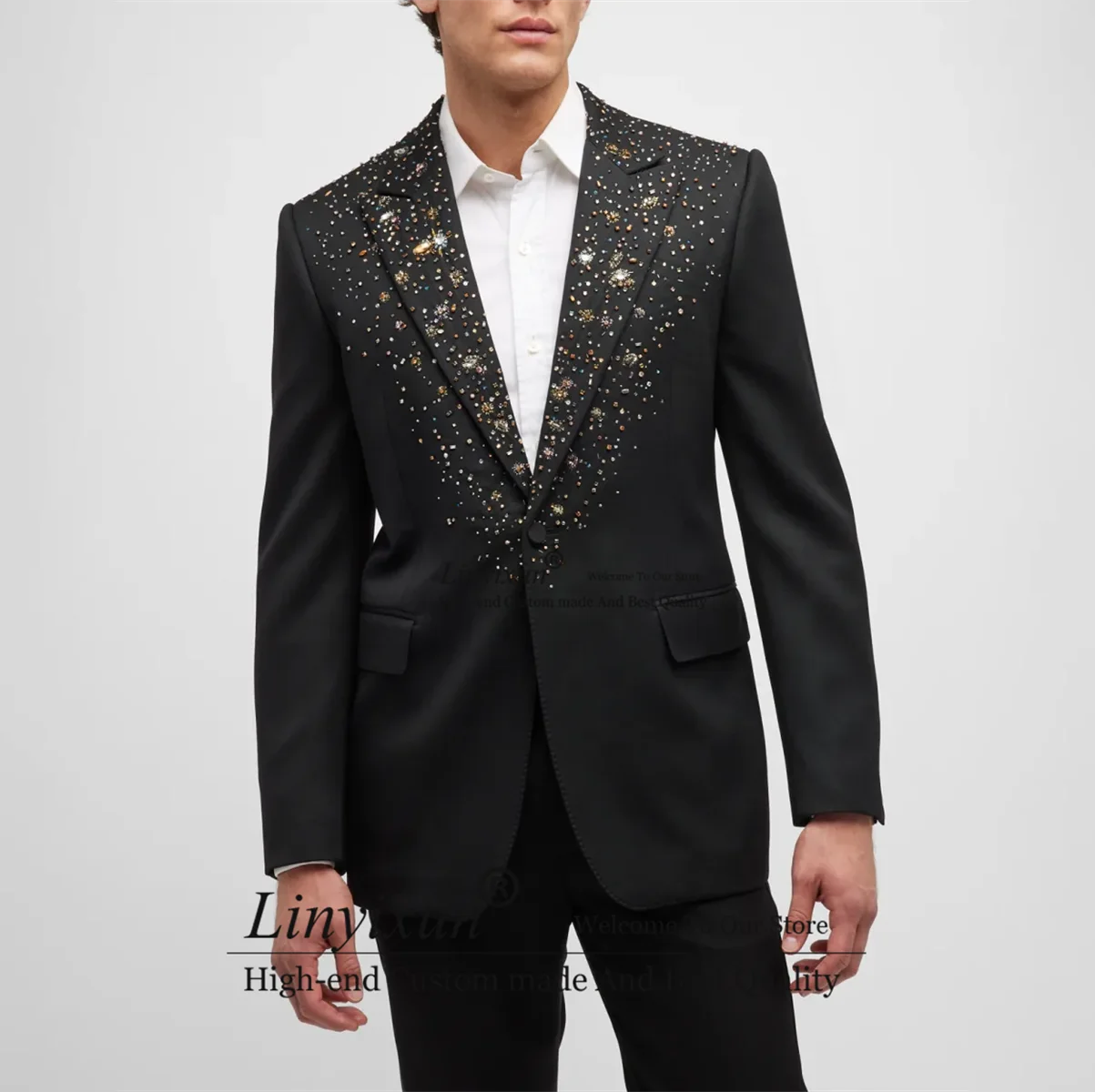 

Elegance Beaded Mens Suits Slim Fit Groom Wedding Tuxedos 2 Pieces Sets Bridegroom Prom Blazers Customized Costume Homme