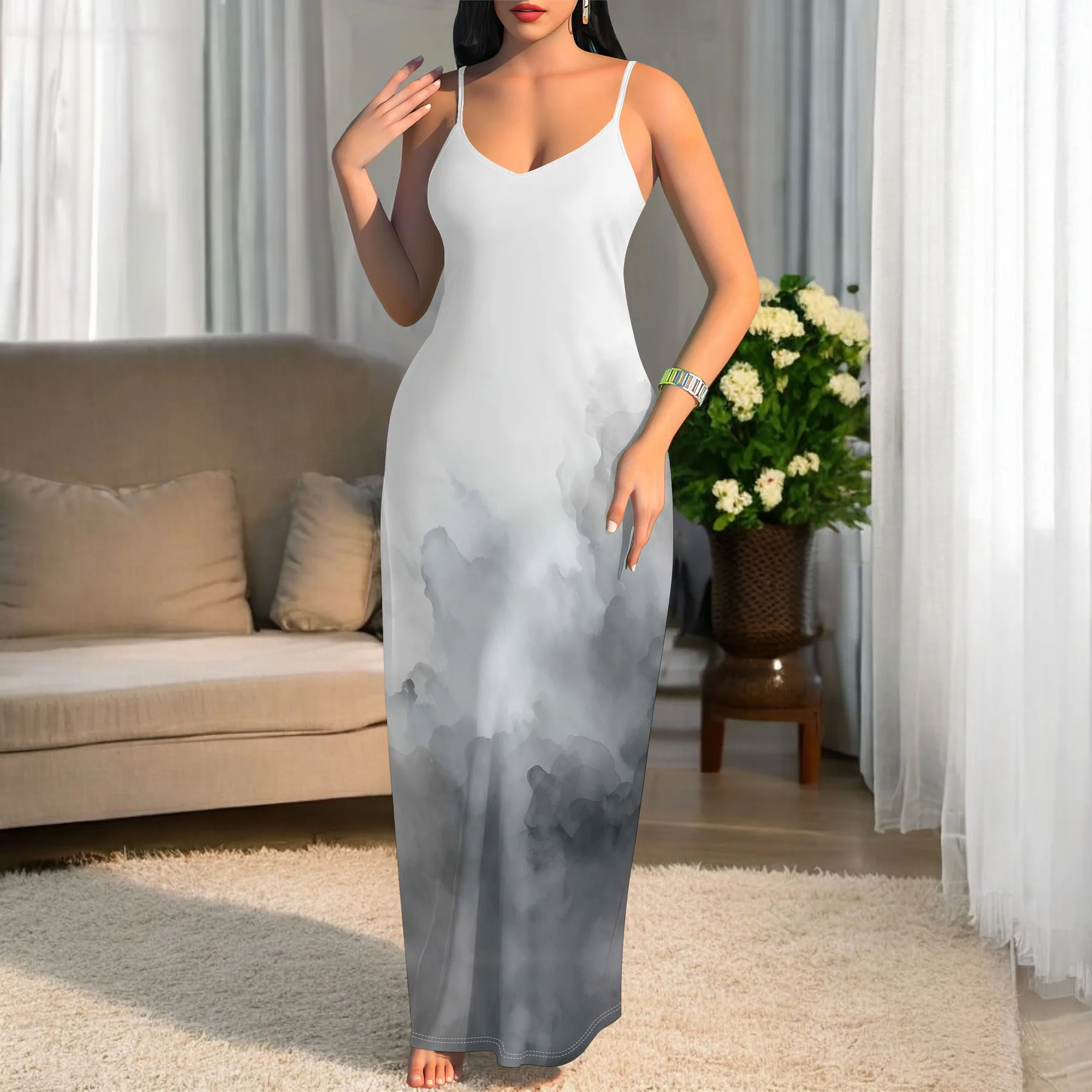 

White to Grey Ombre Spaghetti Strap Maxi Dress for Women Sleeveless Slim Fit Ink Print Summer Party Eid Vacation Dress 2025