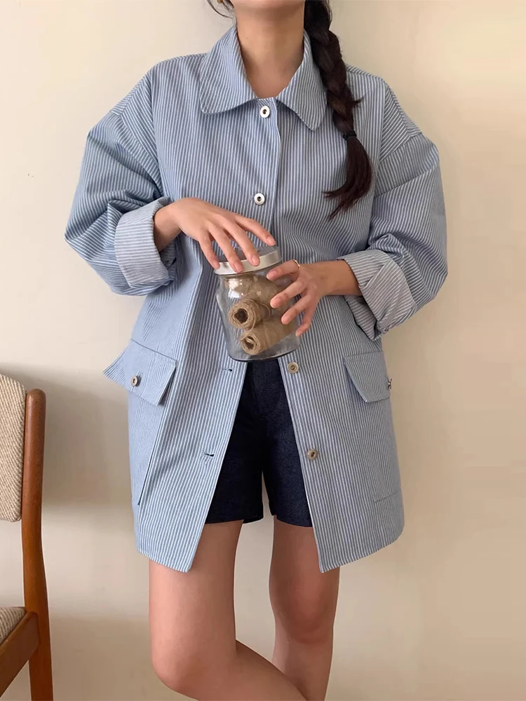 

Retro Chic Striped Casual Long Sve Lapel Coat Women's Loose Fit Single Button Outerwear Korean Sle Commute Faion