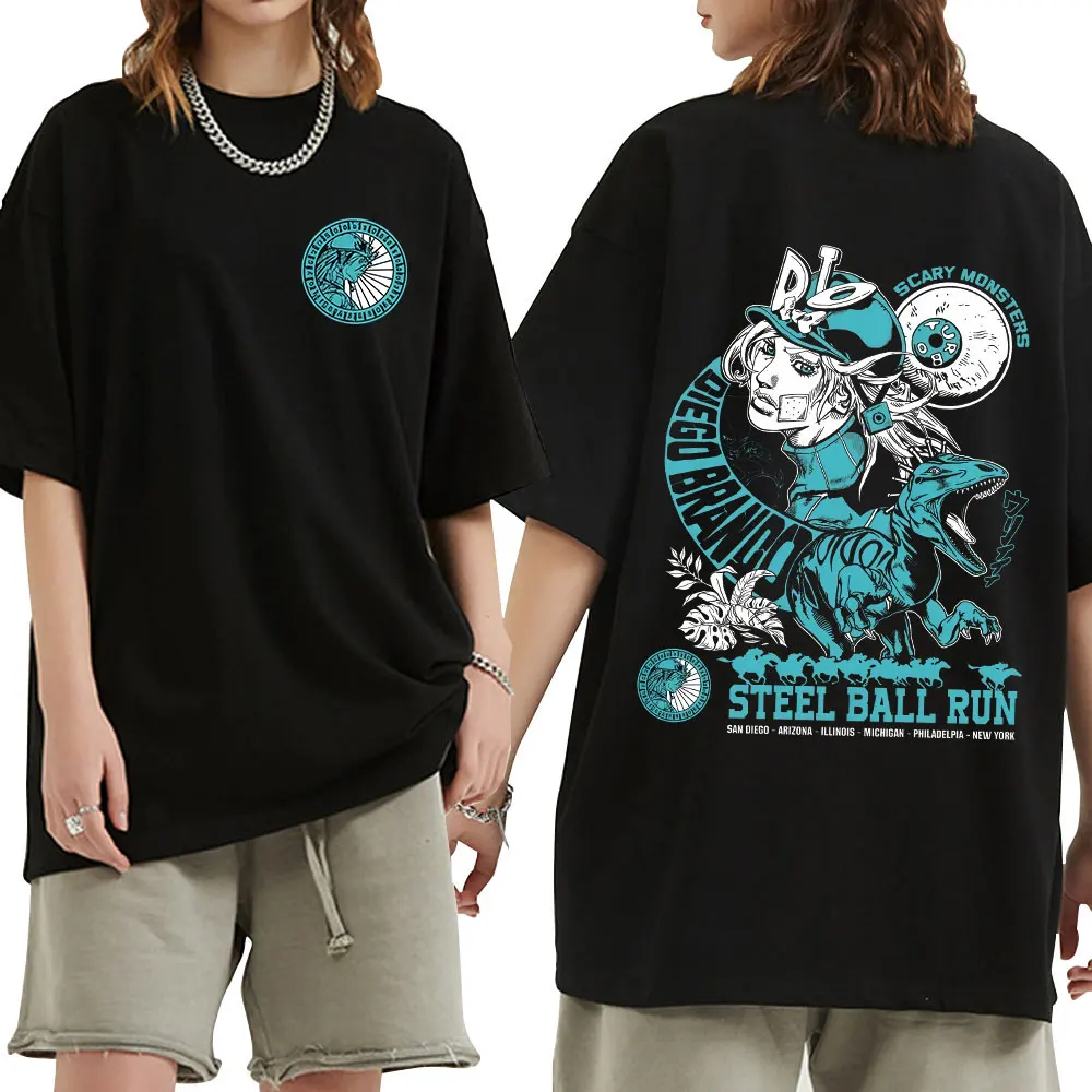 أنيمي جوجو غريب مغامرة تي شيرت الصلب الكرة تشغيل دييغو براندو مانغا الجرافيك تي شيرت الرجال النساء القطن عادية المتضخم التي شيرت #1