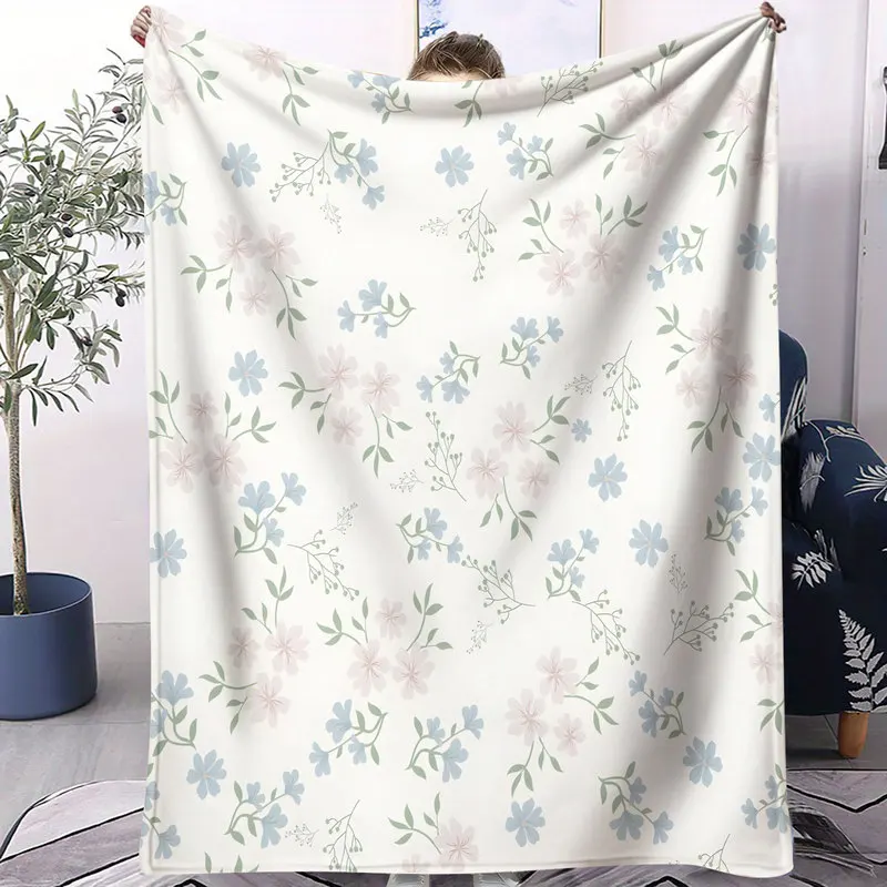 Microfiber Throw Blanket,Ultra-Soft,Skin-Friendly,Portable,Durable,Pastel Blue and Pink Flowers with Green Leaves,Bedroom Decor