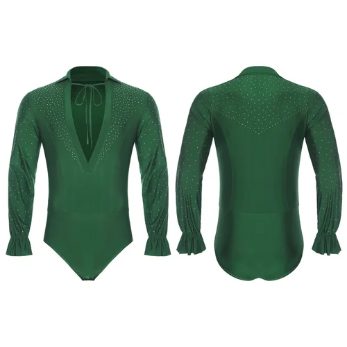 Imagen 2 del producto Leotardo de baile de Jazz latino para hombre, Sexy, cuello en V profundo, manga larga, entrepierna que se puede abrir, traje de baile con diamantes de imitación para escenario de Príncipe de Ballet