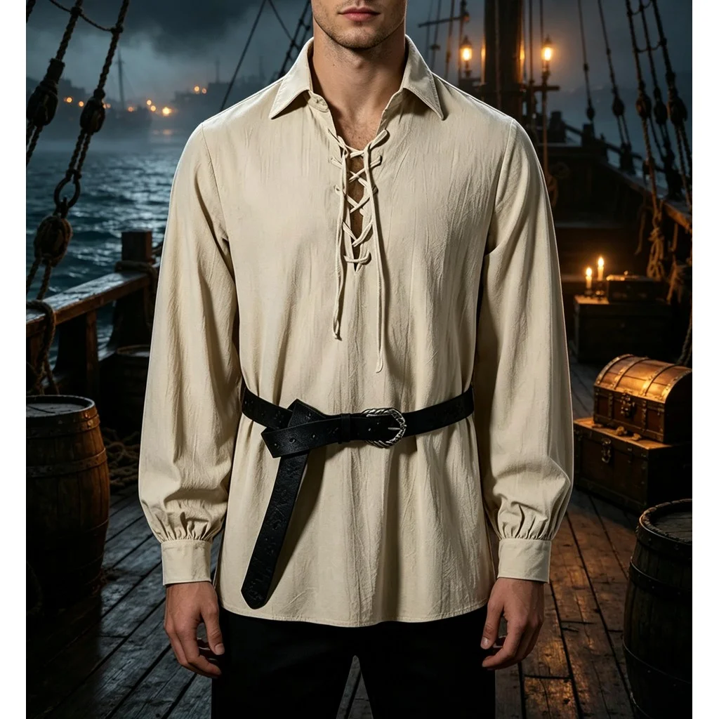 Medieval Gothic Lace Up Pirate Shirt - Men Renaissance Viking Pirate Lace‑Up Tunic