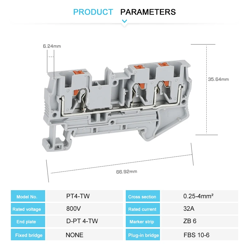 10Pcs PT4-TW PT Series 3 Conductor Push-in Terminals 4 mm² Twin PT 4-TW Wire Electrical Connector Din Rail Terminal Block