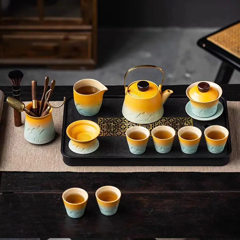 

Gradient Yellow-Green Ceramic Tea Set Handcrafted Mountain Pattern Ideal for Chinese Tea Ceremony And Home Decor