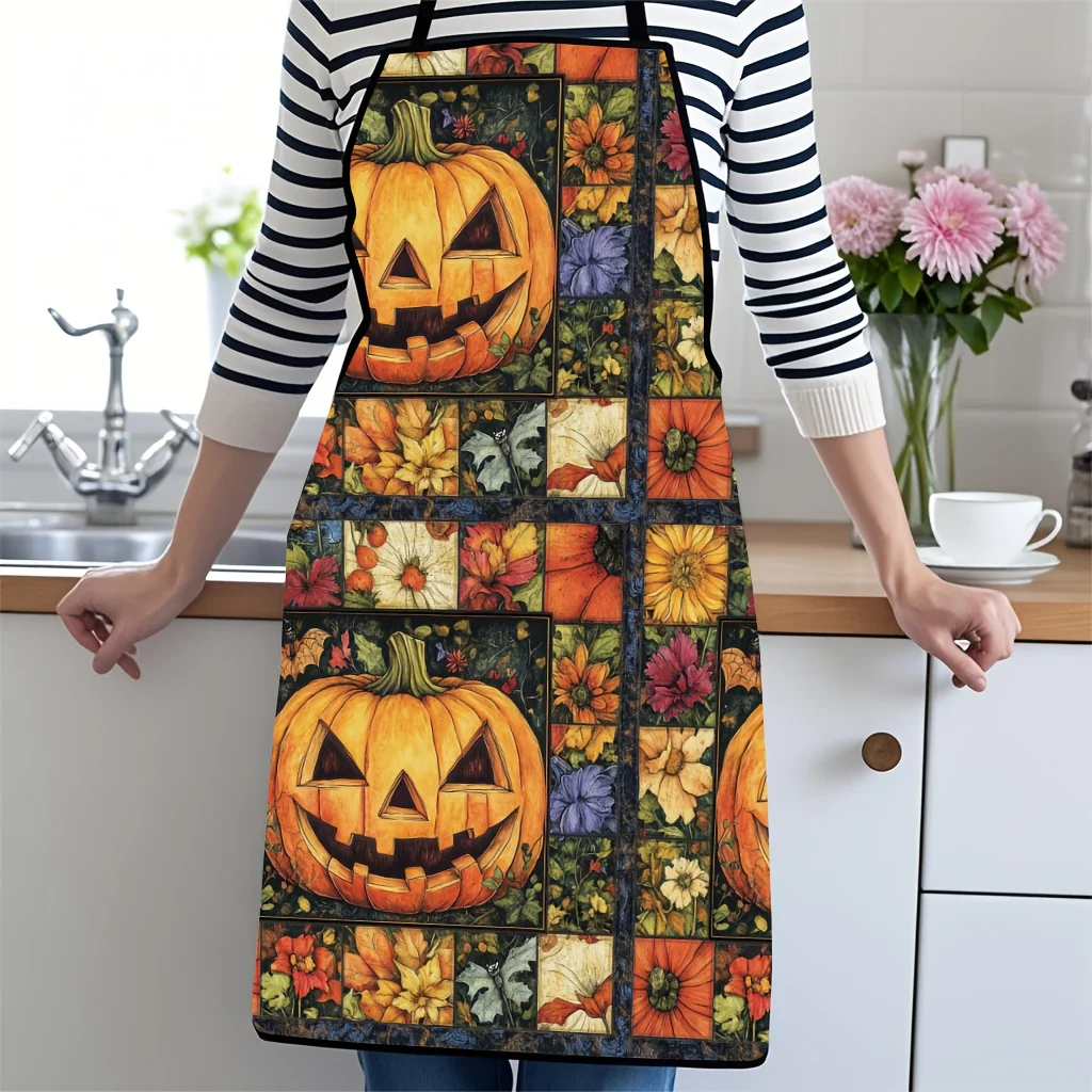 Spooky Pumpkin Patch Apron Halloween Kitchen Apron Reusable Polyester Linen Style Cooking Baking Apron
