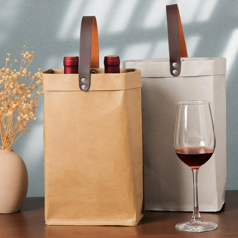 

Easy-to-carry Wine Bottle Tote Eco-friendly Vintage Wine Gift Bag Handbag Set For Travel Shopping Waterproof Washed Kraft Paper