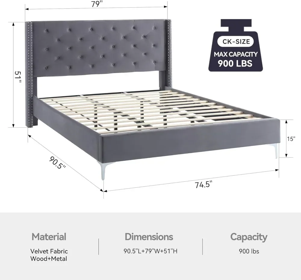 Upholstered California King Bed Frame with Tufted Headboard Wingback Grey Velvet Platform Bed FrameZL