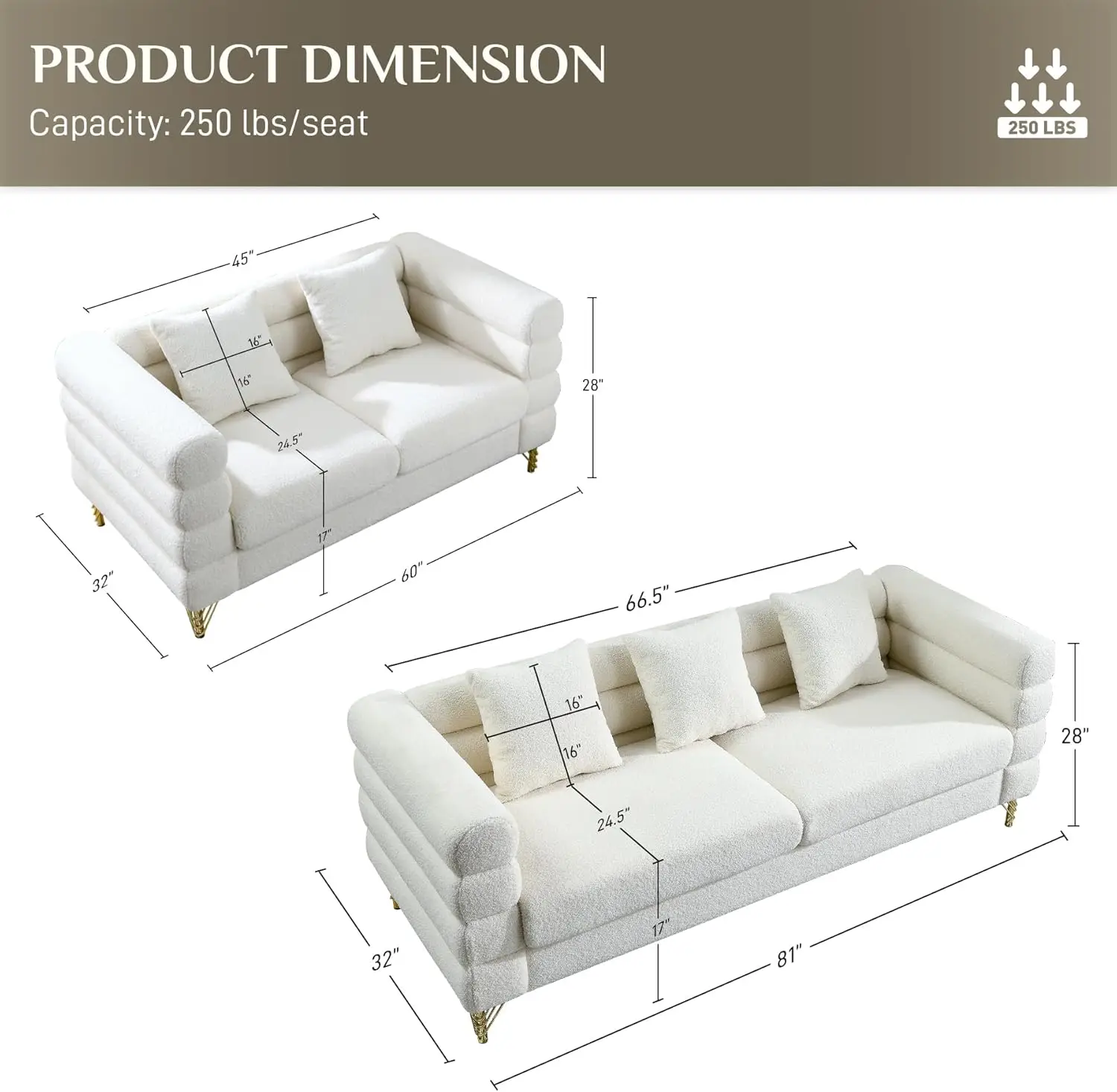 Teddy Sofa Couch Set,1 Pcs 60 Inches Loveseat Sofa and 1 Pcs 80 Inches Long Sofa, Mid Century Couch