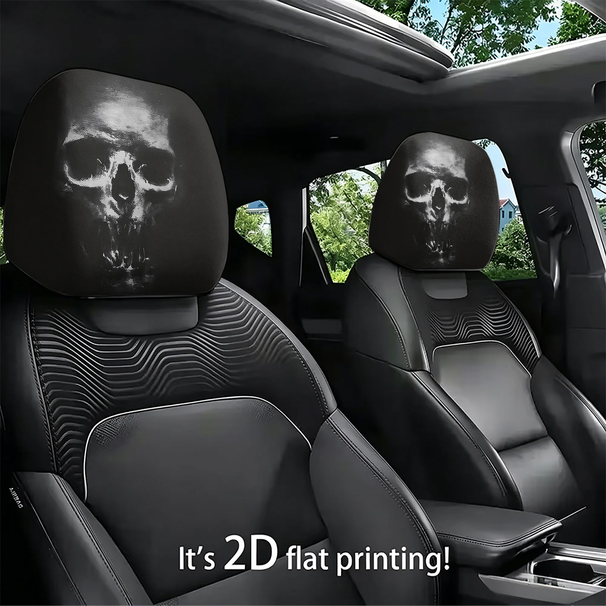 2pcs Gothic-style skull-patterned car headrest covers—the perfect choice for creating a bold interior look. Comfortable, durable