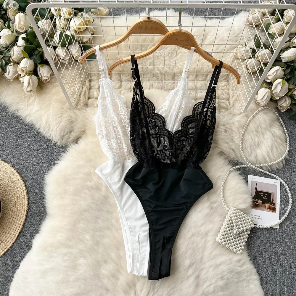 Women's V-neck Sexy Elegant Lace Camisole Jumpsuit Hollowed Transparent Tight Fitting Pajama Adjustable Shoulder Straps