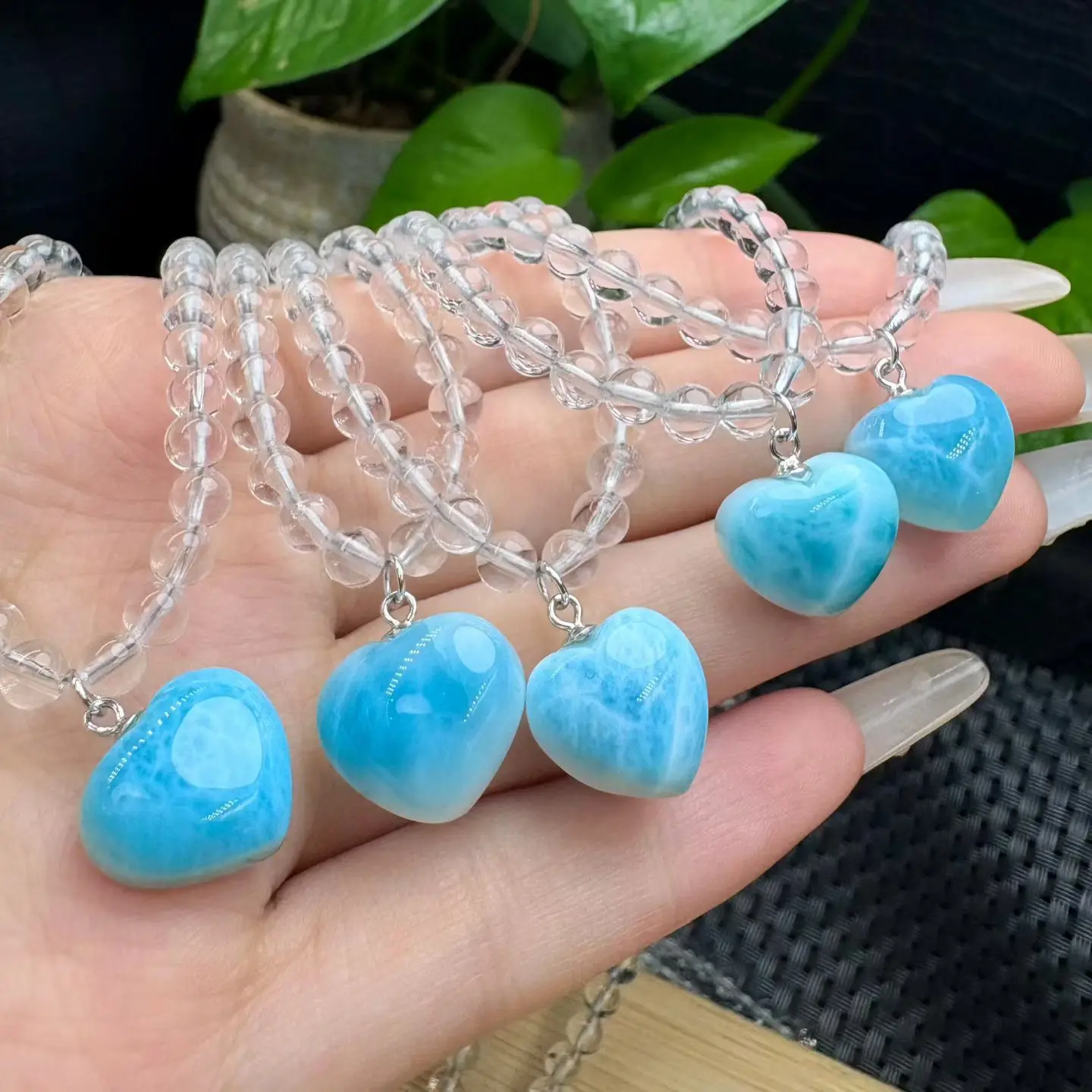1Pc Natural Rock Quartz Larimar Heart Necklace Pendant 13-15MM Heart 4-5MM Rock Quartz 925 Sterling Silver Reiki Healing Stone