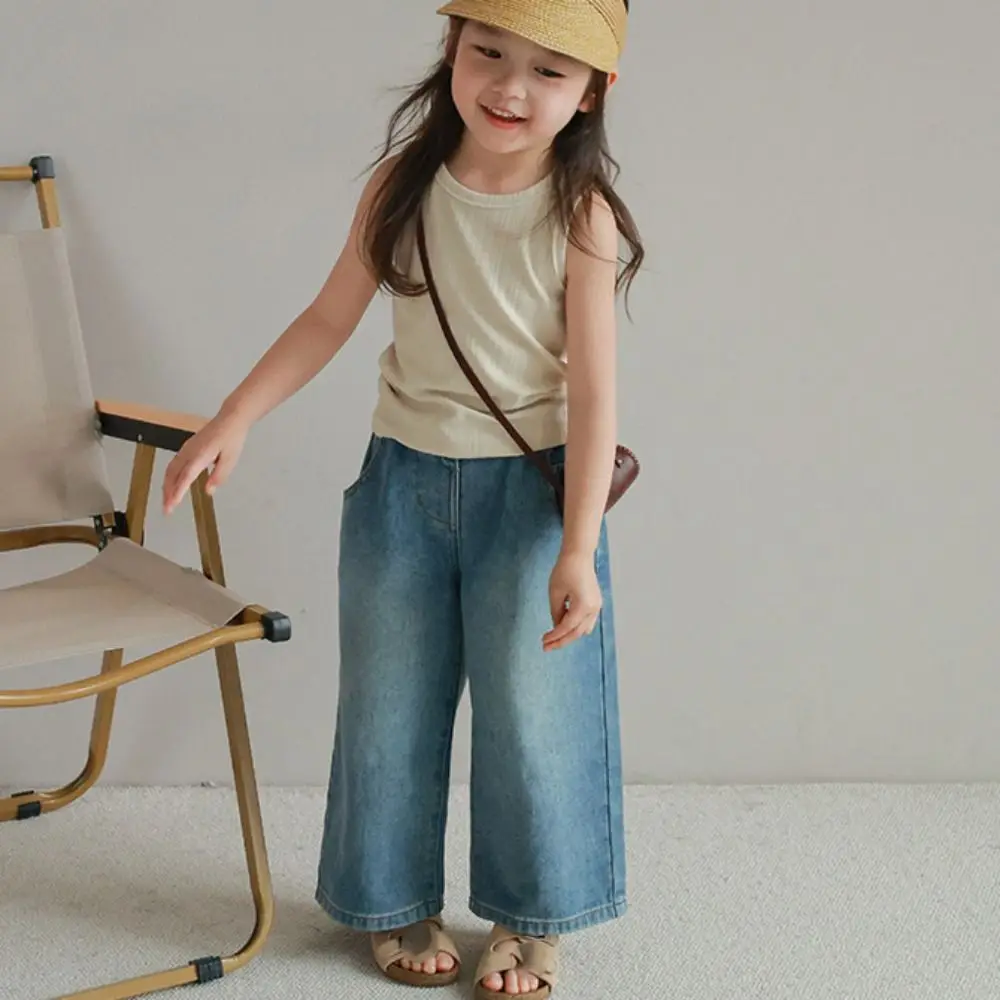 Rechte rechte jeans losse wijde pijpen kinderen Y2K jeans cowboybroek hoge taille denim broek voor kleine meisjes streetwear
