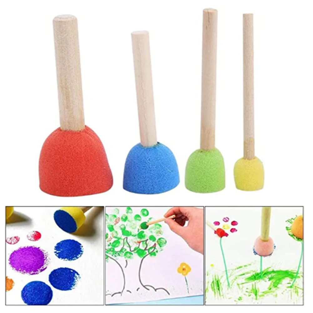 24pcs Crafts Kids 4 Colors Durable Art Painting Tools Watercolor Wooden Handle Practical School DIY Home Round Sponge Brush