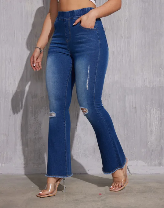 

Europe and The United States Washed Holes Slim-fit Bell-bottoms Jeans Women Four Seasons Elastic High Waist Edge Grinding Jeans