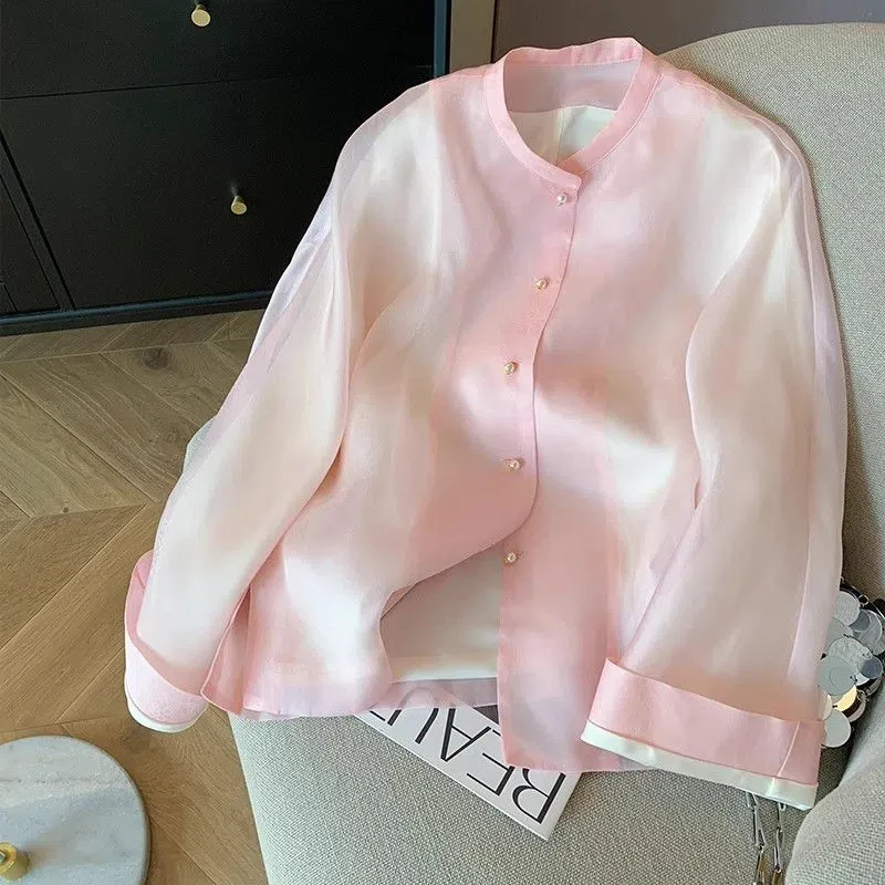 Pink New Chinese Style Stand Up Collar Mesh Shirt Jacket Women\'s Spring Autumn New Light Luxury Sweet Temperament Loose Shirt