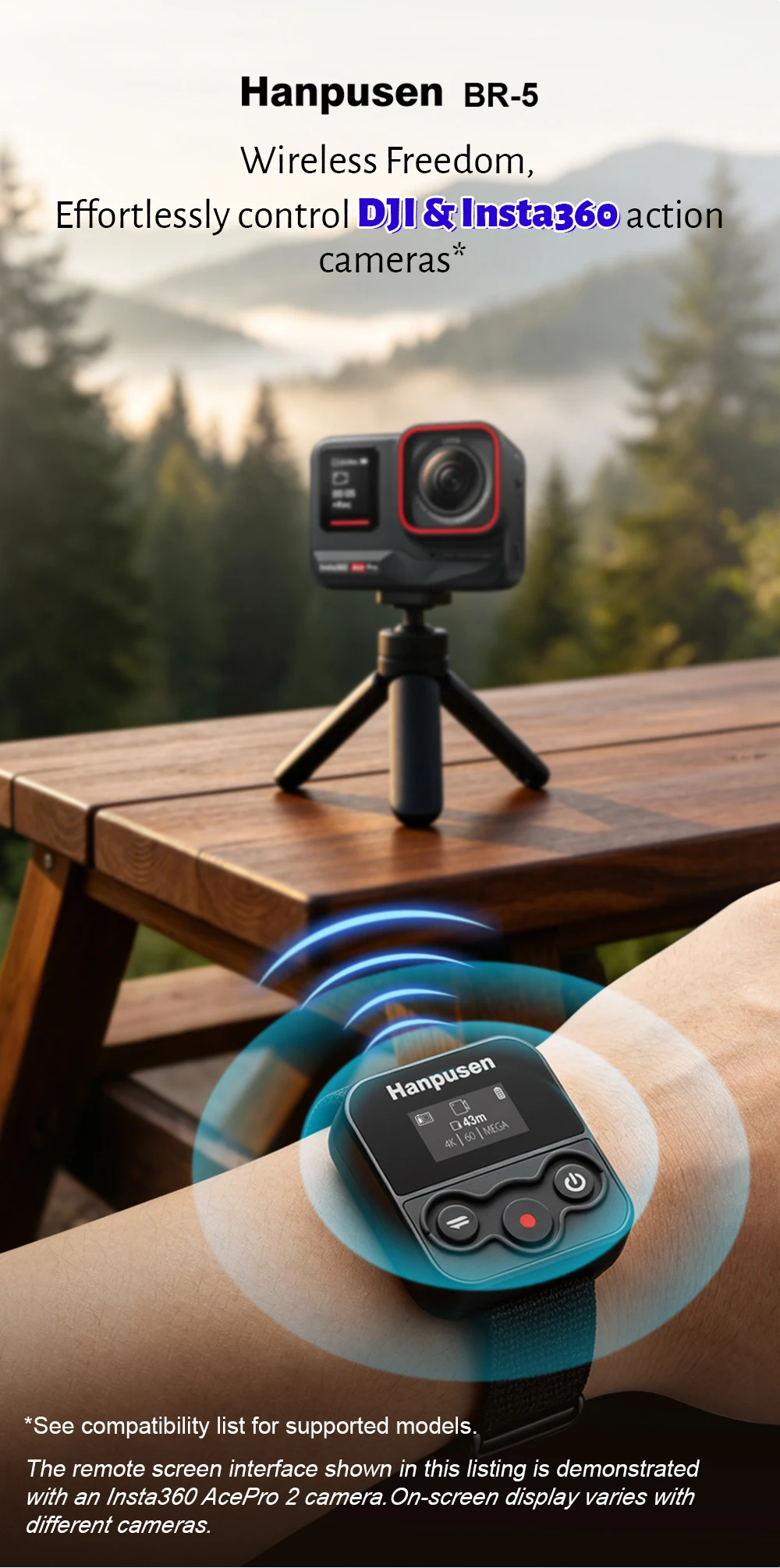 Für Insta360 X6, X5, X4 Air, X4, X3, Ace Pro 2, GO 3S, GO 3, GO Ultra; für DJI OSMO 360 II, 360, Action 6, 5pro, 4; BR-5 Fernbedienung – Detail 2