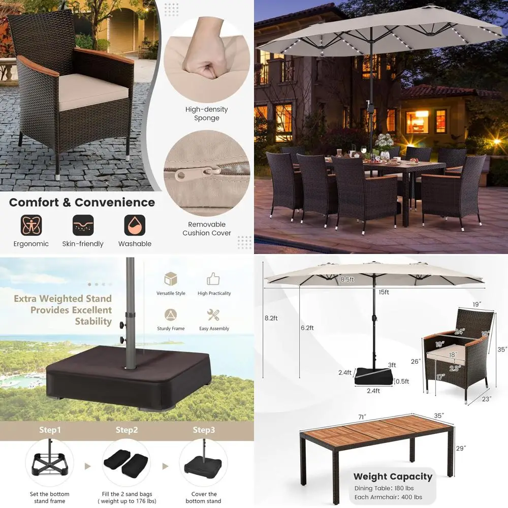 

11-Piece Outdoor Rattan Patio Dining Set with Acacia Wood Table and 15ft LED Umbrella (Base Included)