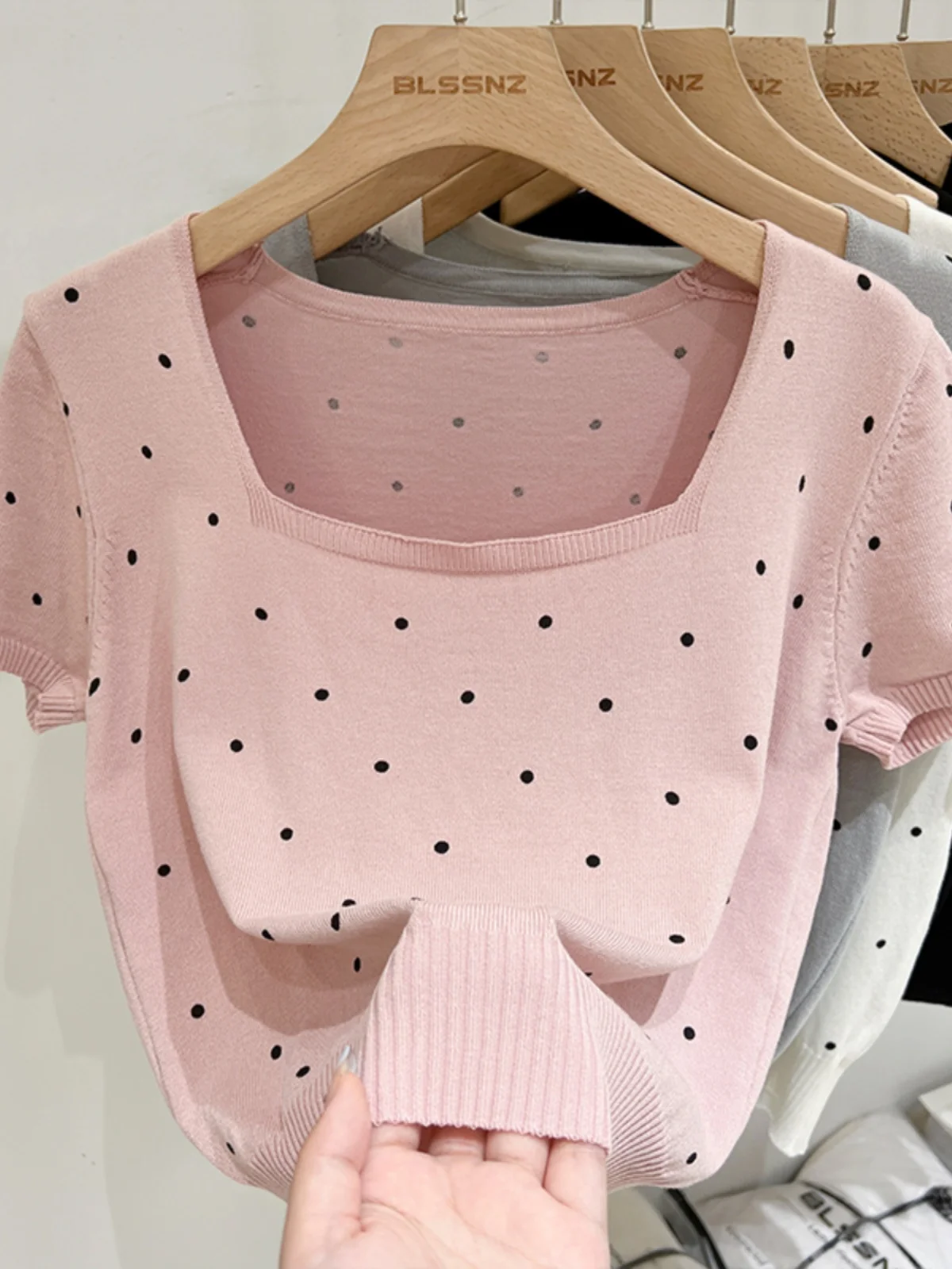 الصيف المرأة محبوك الحرير الجليد ort Sve تي شيرت ساحة طوق البولكا نقطة حجم كبير Faionable الكورية Sle تخفيف #2