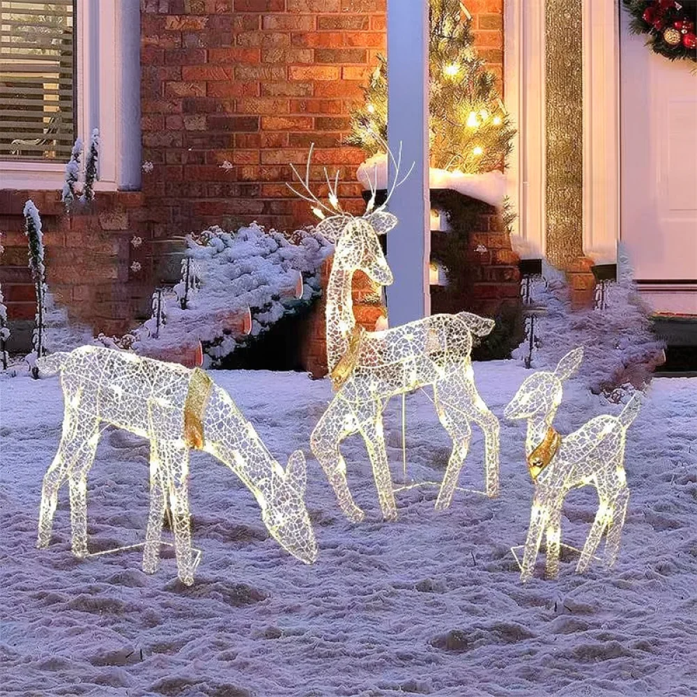 Stainless Steel Christmas Deer Sculpture Glowing Reindeer Ornament Gift For Garden Patio Home Festive Decoration