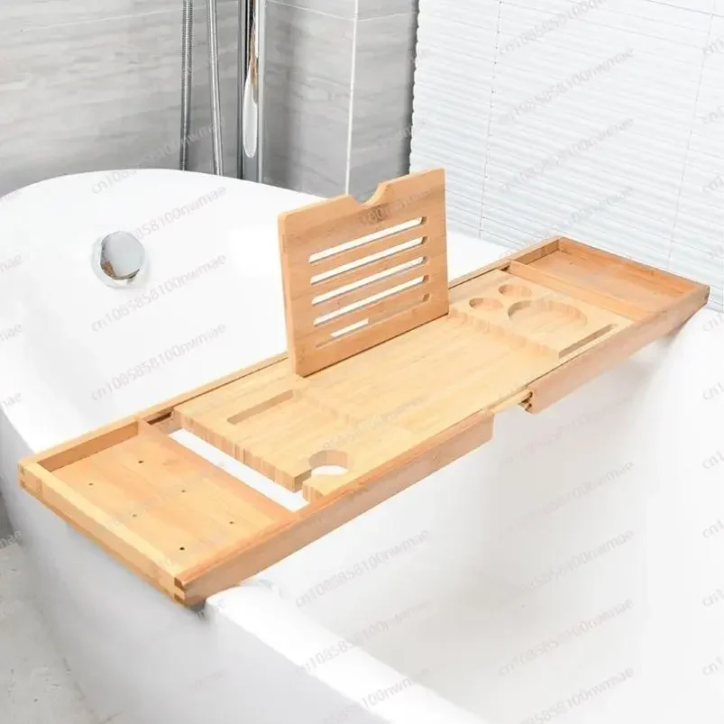 Bathtub storage rack bamboo wood telescopic bath towel holder tablet baffle tub mobile phone tray black and white
