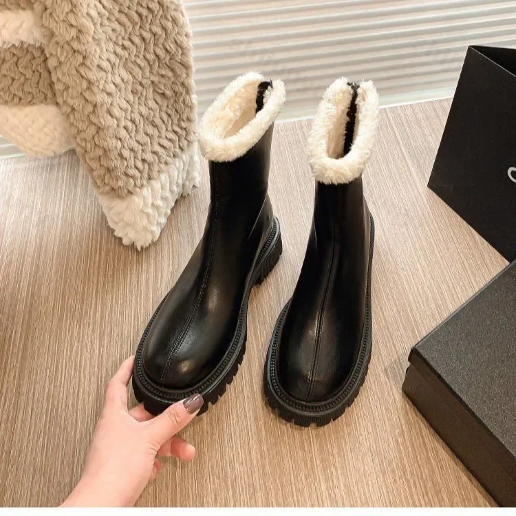 Classic Chelsea Boots Women Black Ankle Boots Winter Plush Shoes Fashion Leather Platform Short Boots Slip on Elastic Booties