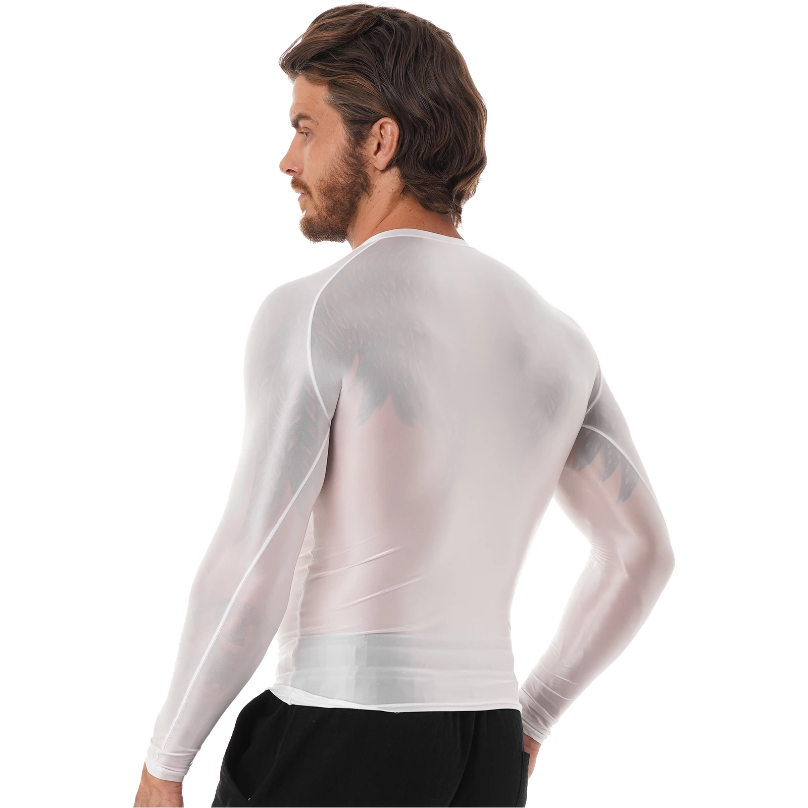 Mens Satin Silky Long Sleeve Shirt Gym Workout Running Compression Athletic Tee Shirt Fitness Bodybuilding Tops Undershirt