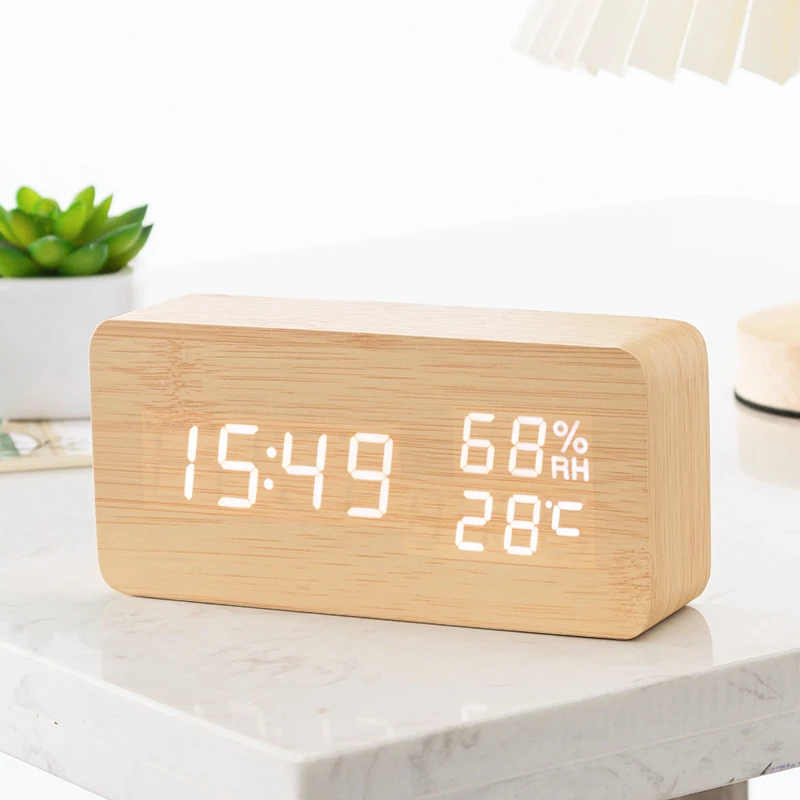 Desk Clock LED Retro Alarm Table Bedroom Clock Digital  Creative Electronic Clock Fashion Luminous Silence Thermohygrometer