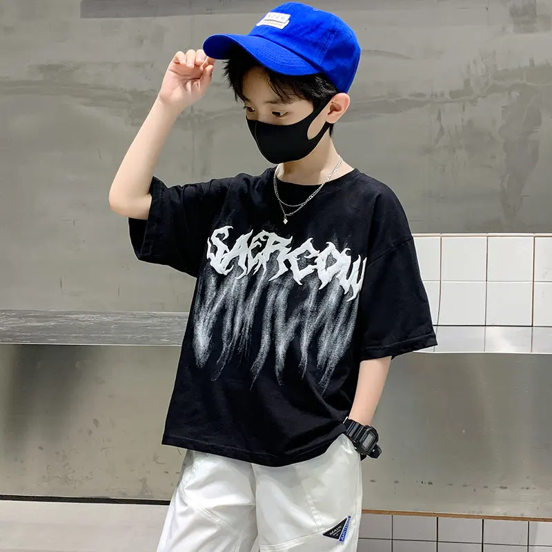 Boys Short Sleeve T-Shirt Summer Children Cotton Fashion Letter Print Baby Kids Boy Loose Clothes Thin Sport Tops Tees 4-13Years