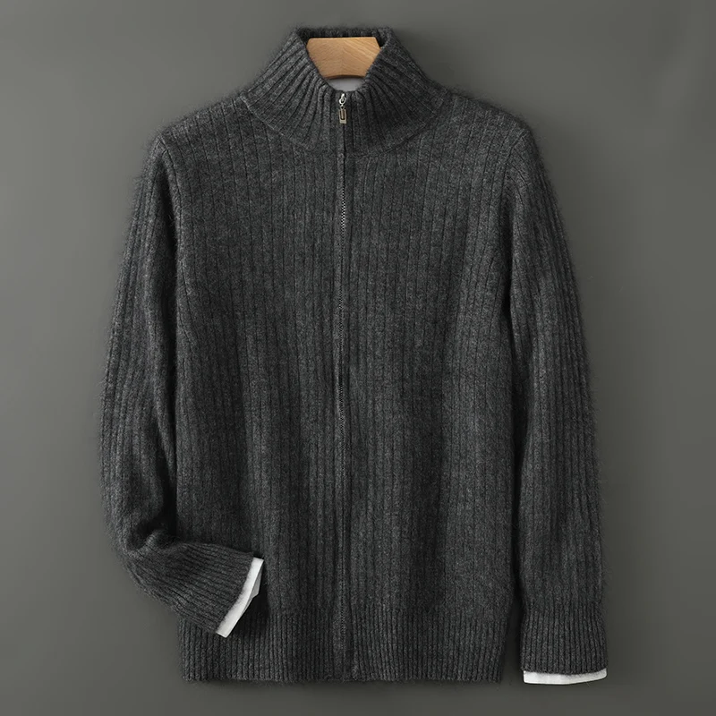 Suéter de malha de cashmere masculino, cardigã com zíper, gola de pé, manga comprida, espessado ampliado, outono e inverno, novos estilos