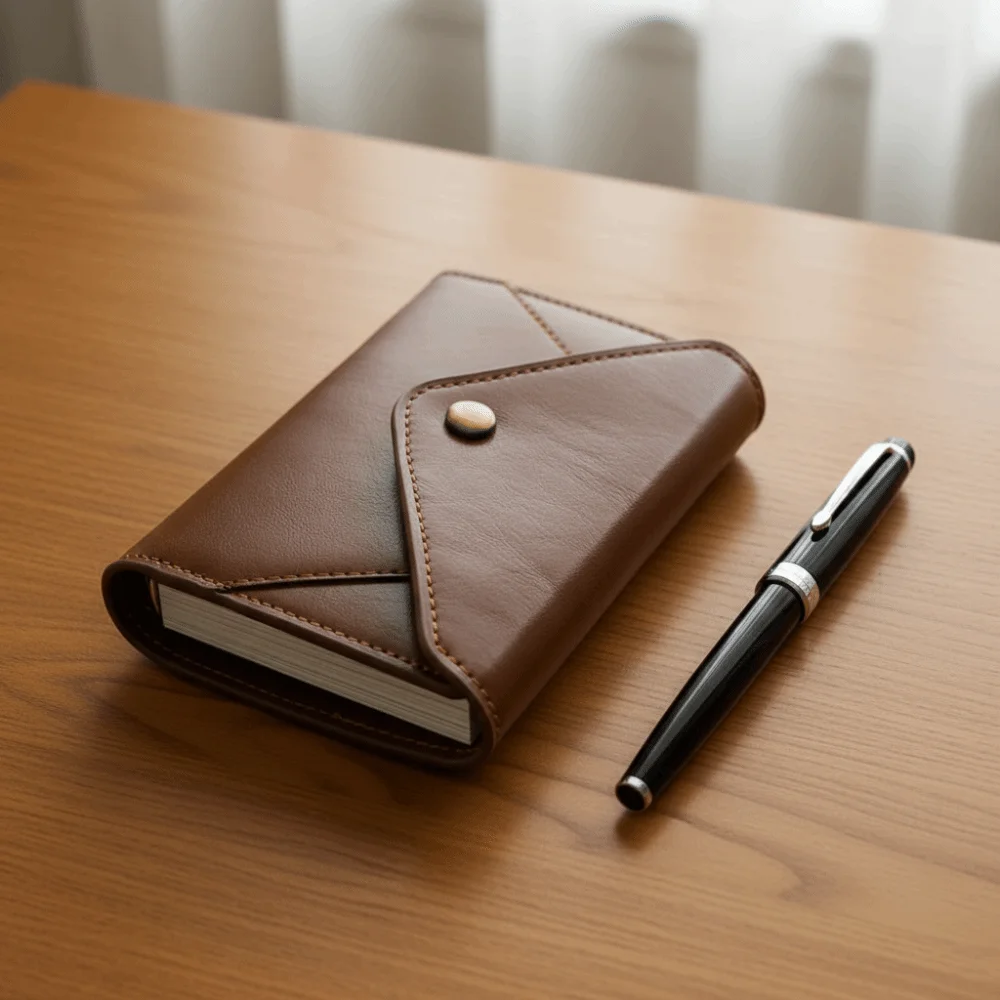 PU Leather Cover Tri-fold Envelope-Style Loose-Leaf Notebook Vintage Thick Paper Office Notepad with Pen Loop and Pocket