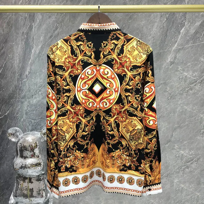 Gold Vintage Baroque Print Long Sleeve Shirt Tops Casual Dress Men Clothes Hawaiian Slim Shirts Holiday Slim Mode Chemise Homme