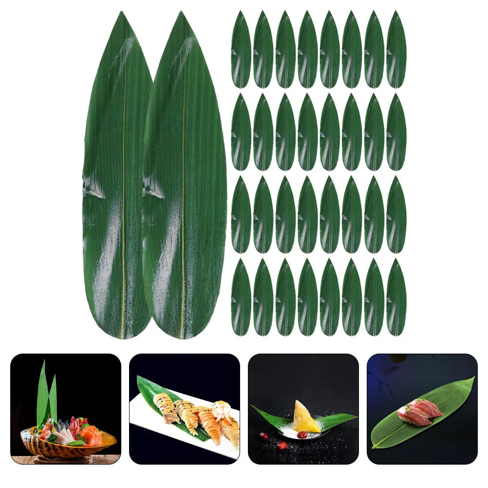 100 Pcs Sushi Plate Ornament Bamboo Leaves Sashimi Decor Fake for Dish Basmati Rice Green Serving Leaf