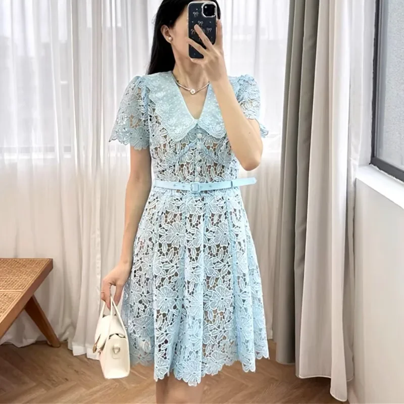 

2024 autumn women lace dress hollow out fanning office ladies elegant mini dress