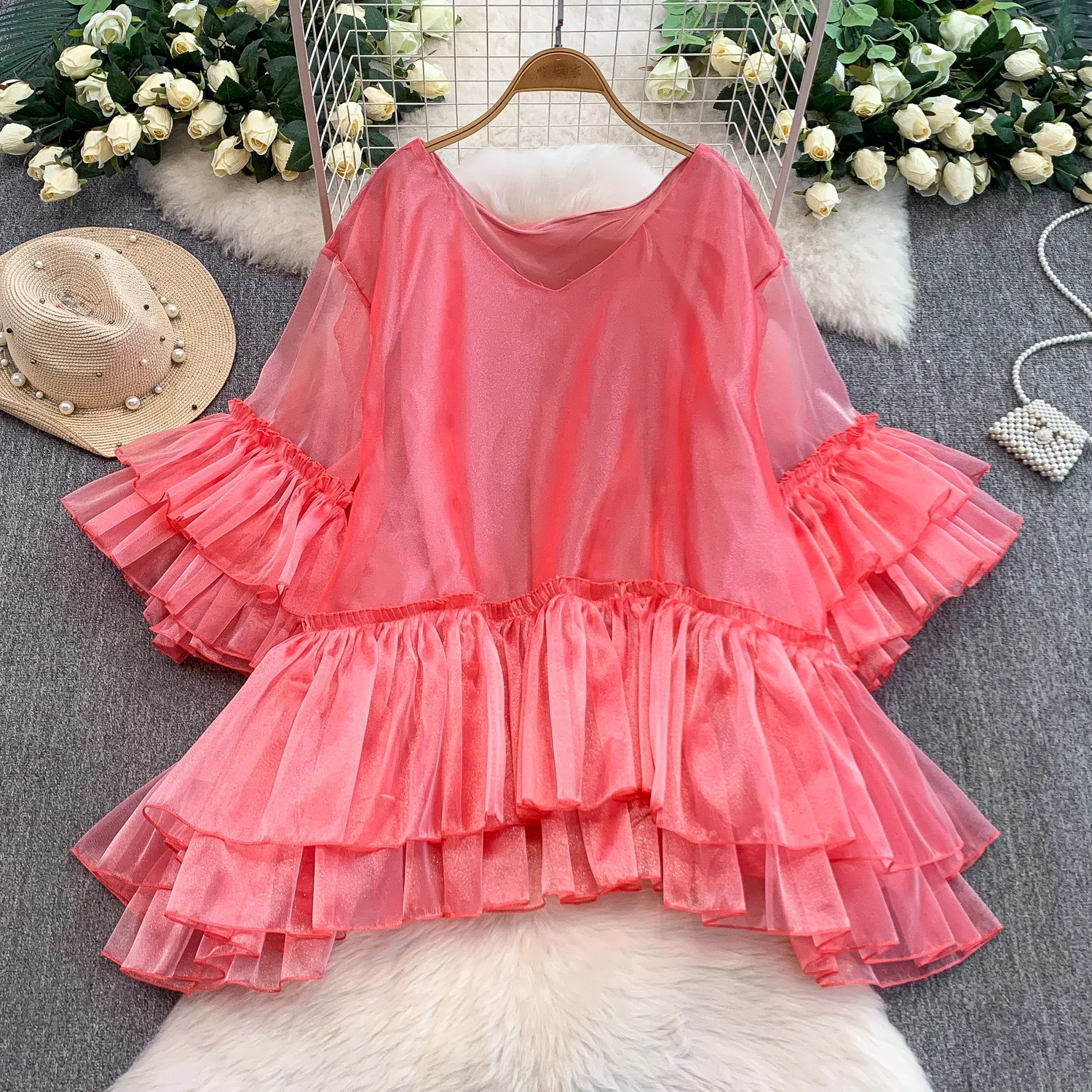 

SuperAen Sweet 2022, осенние новые свободные и утягивающие женские топы, шелковые пуловеры с v-образным вырезом и расклешенными рукавами, оборками, топы