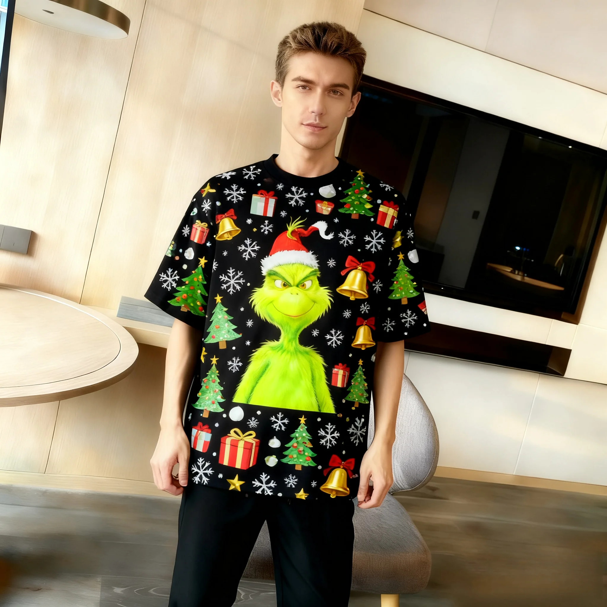 2025 Camiseta de manga corta con cuello redondo para hombre, cómoda y versátil, con estampado 3D de Grinch navideño, a la moda