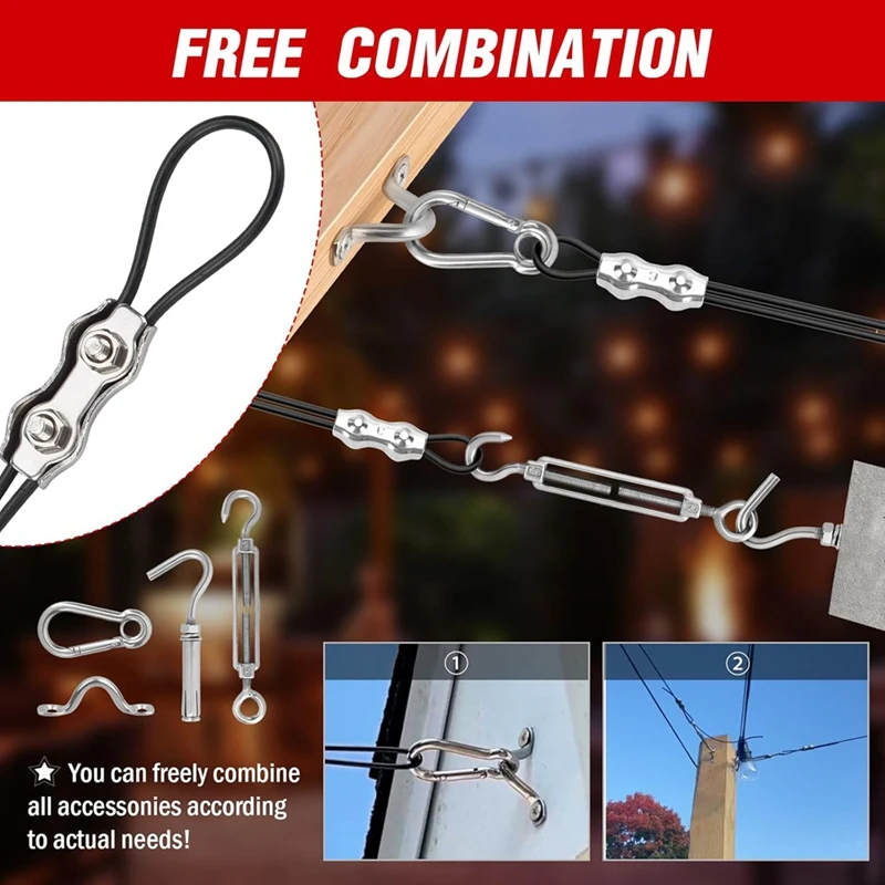 M11K-String Light Hanging Kit,Outdoor Light Wire,Ball Light String Hanging Kit,200FT Coated Stainless Steel 304 Cord Cable