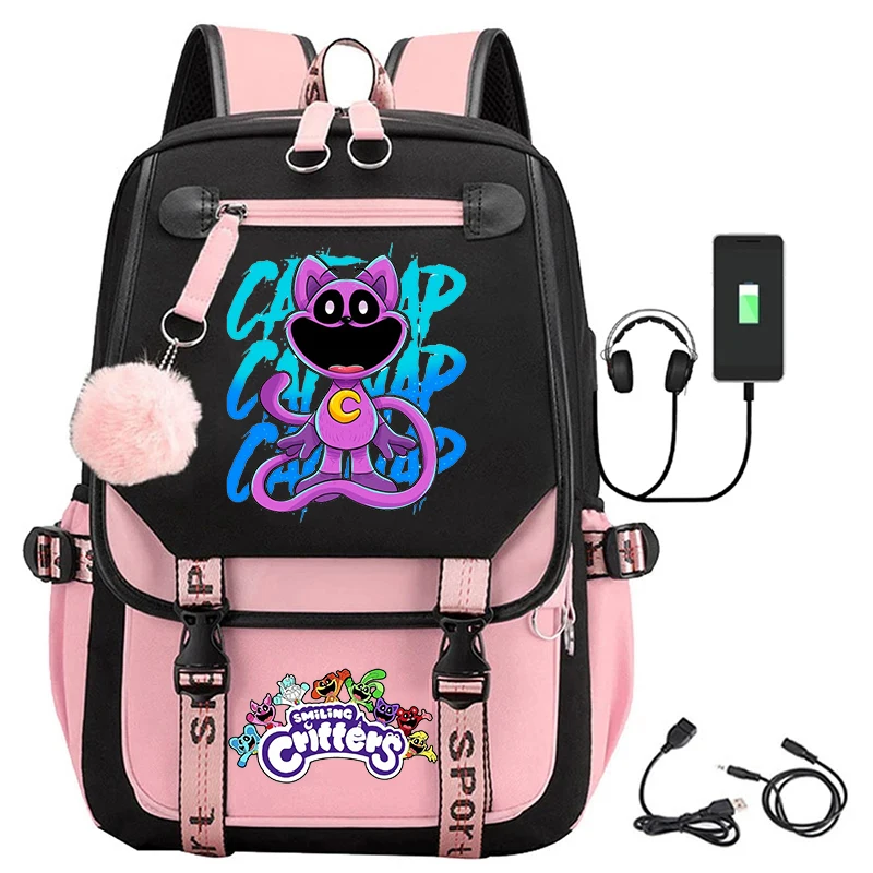 Usb Charge Smiling Critters Catnap Printing Backpack for Teenage Girls Laptop Daypack Women Travel School Bags Cartoon Bookbag